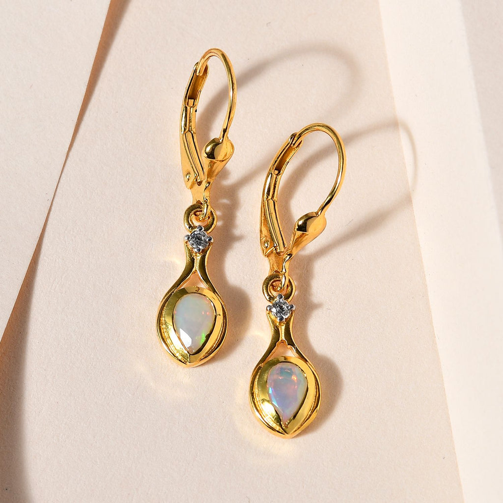 Natürlicher, äthiopischer Welo Opal, weißer Zirkon Ohrringe, 925 Silber Gelbgold Vermeil ca. 0.60 ct