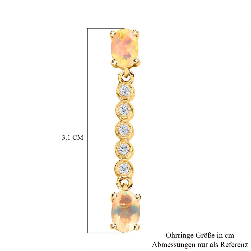 Natürlicher, äthiopischer Welo Opal, weißer Zirkon Ohrringe, 925 Silber vergoldet ca. 1.52 ct