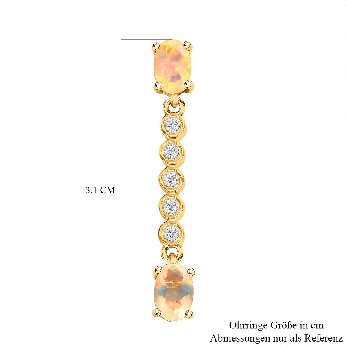 Natürlicher, äthiopischer Welo Opal, weißer Zirkon Ohrringe, 925 Silber vergoldet ca. 1.52 ct