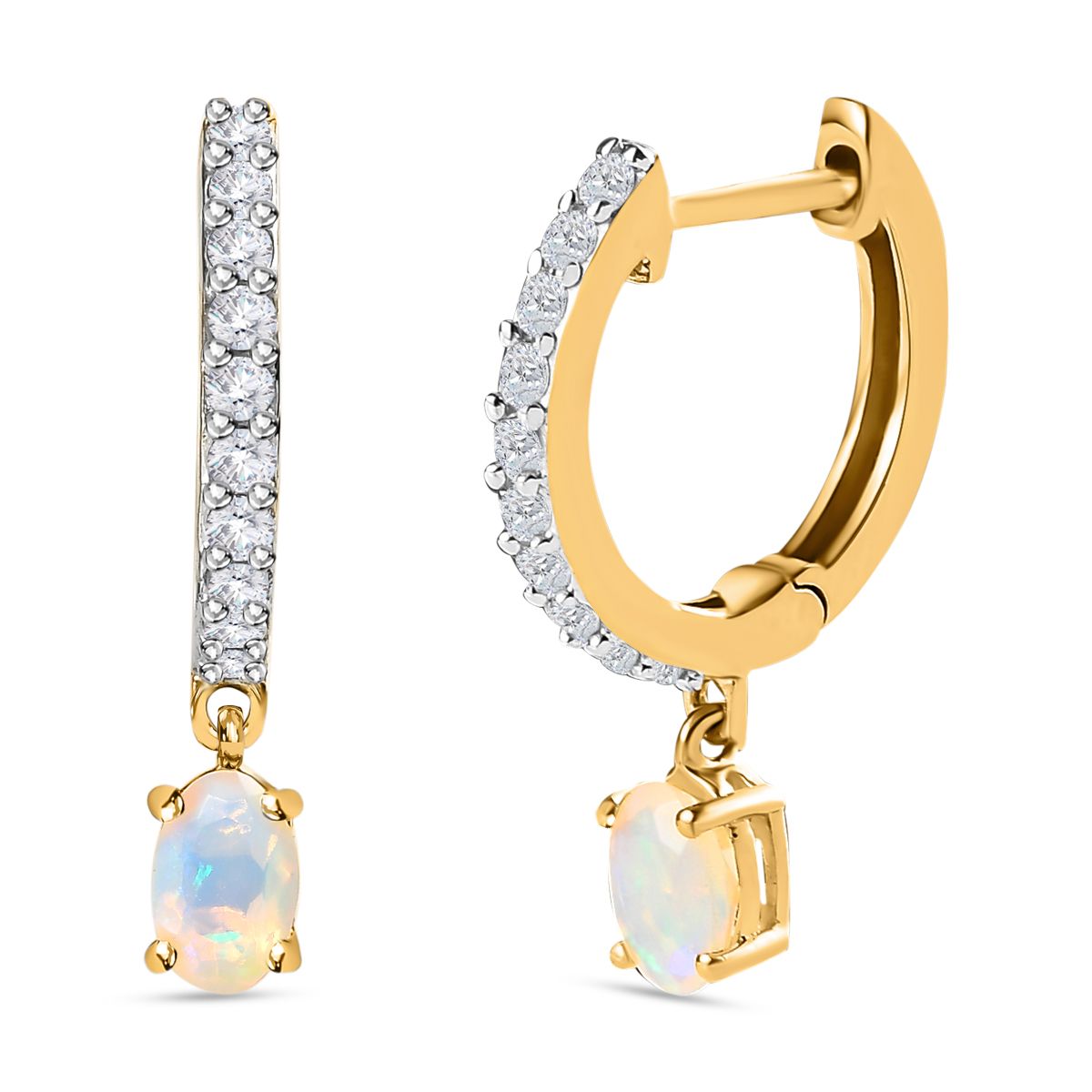Natürlicher, äthiopischer Welo Opal, weißer Zirkon Ohrringe, 925 Silber vergoldet ca. 1.31 ct