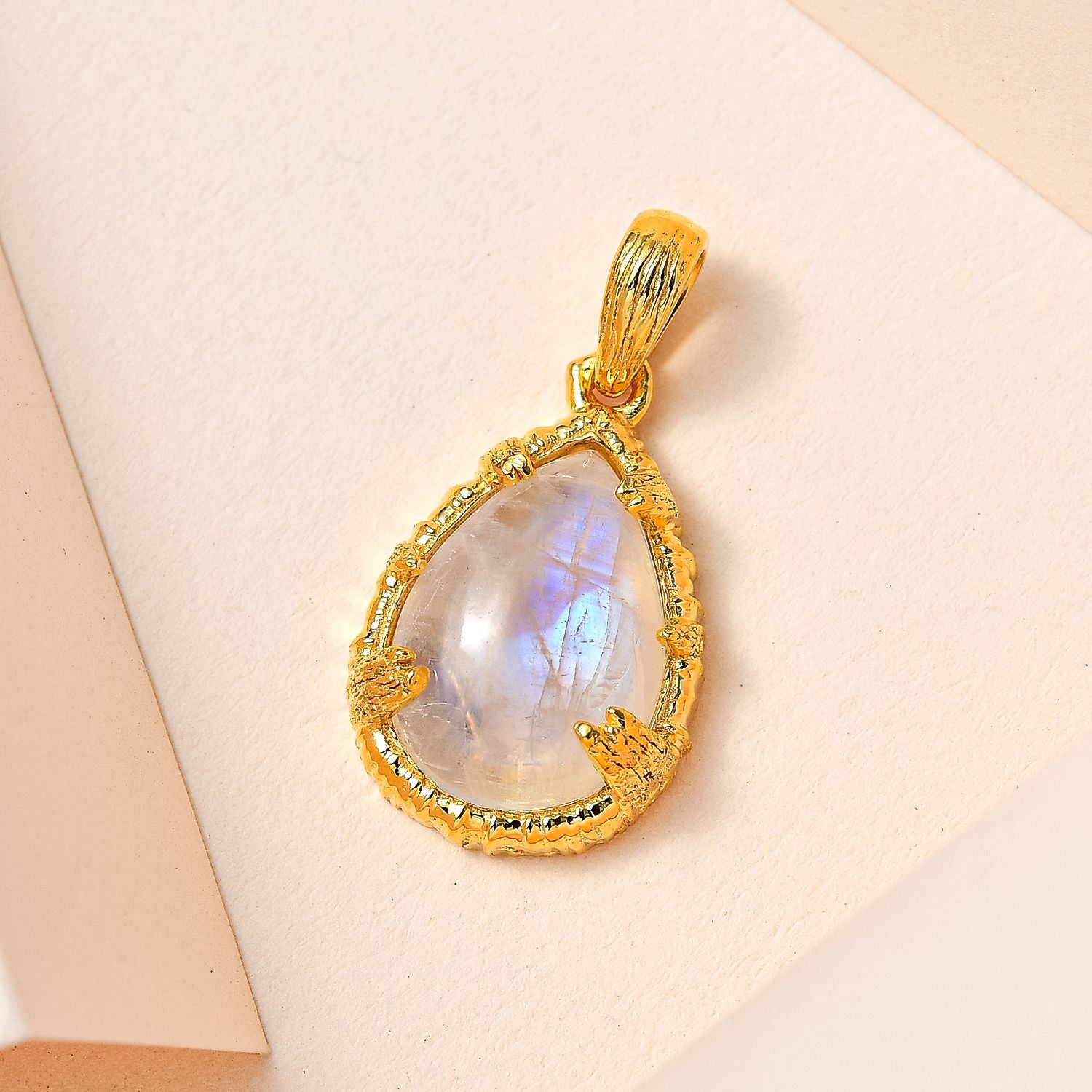AA Premium Regenbogen Mondstein Anhänger, 925 Silber Gelbgold Vermeil, ca., Mond und Stern muster 5.78 ct