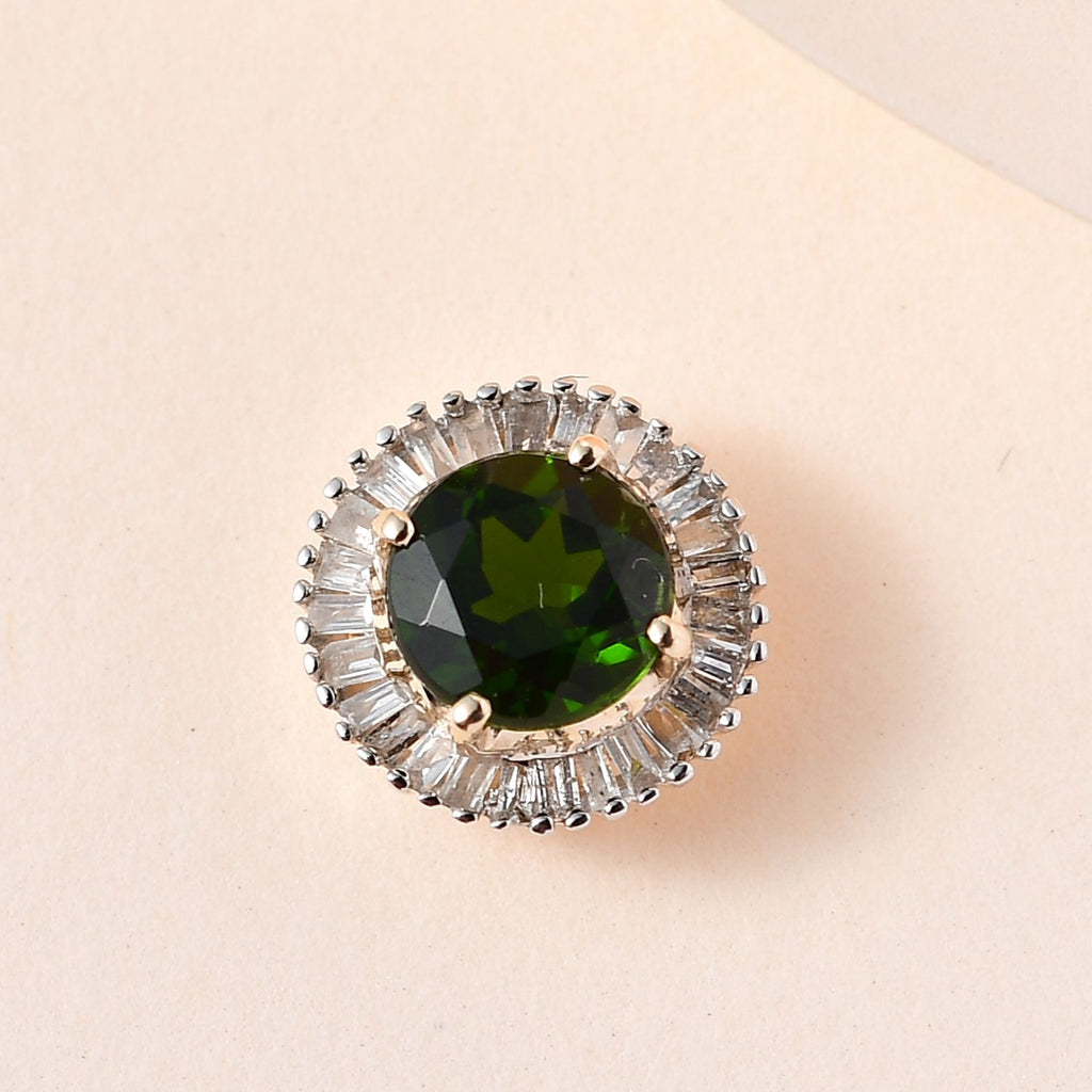 AAA Natürlicher Chromdiopsid, Weißer Diamant Anhänger, 375 Gold ca. 1.04 ct