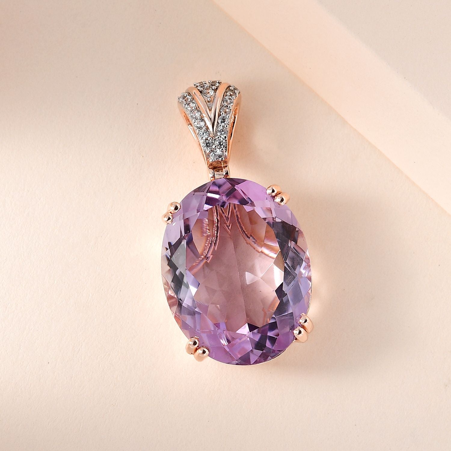 Rose De France Amethyst, weißer Zirkon Anhänger, 925 Silber Roségold Vermeil ca. 25.52 ct