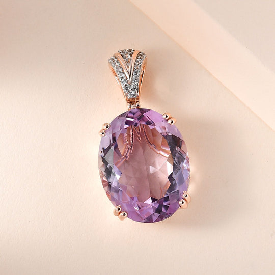 Rose De France Amethyst, weißer Zirkon Anhänger, 925 Silber Roségold Vermeil ca. 25.52 ct