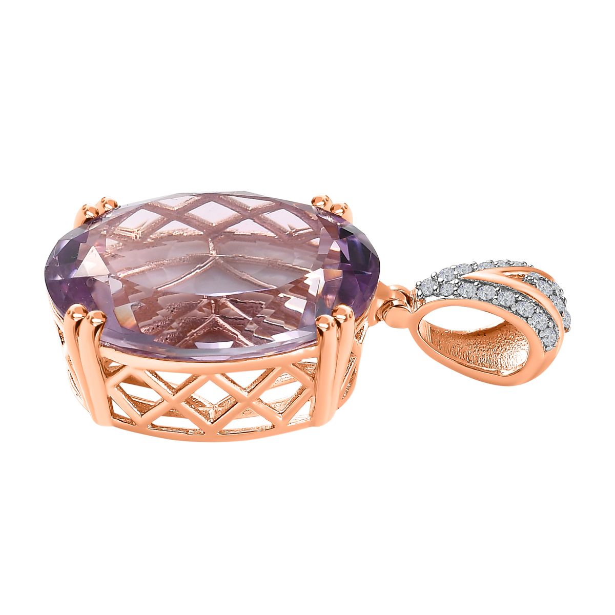 Rose De France Amethyst, weißer Zirkon Anhänger, 925 Silber Roségold Vermeil ca. 25.52 ct