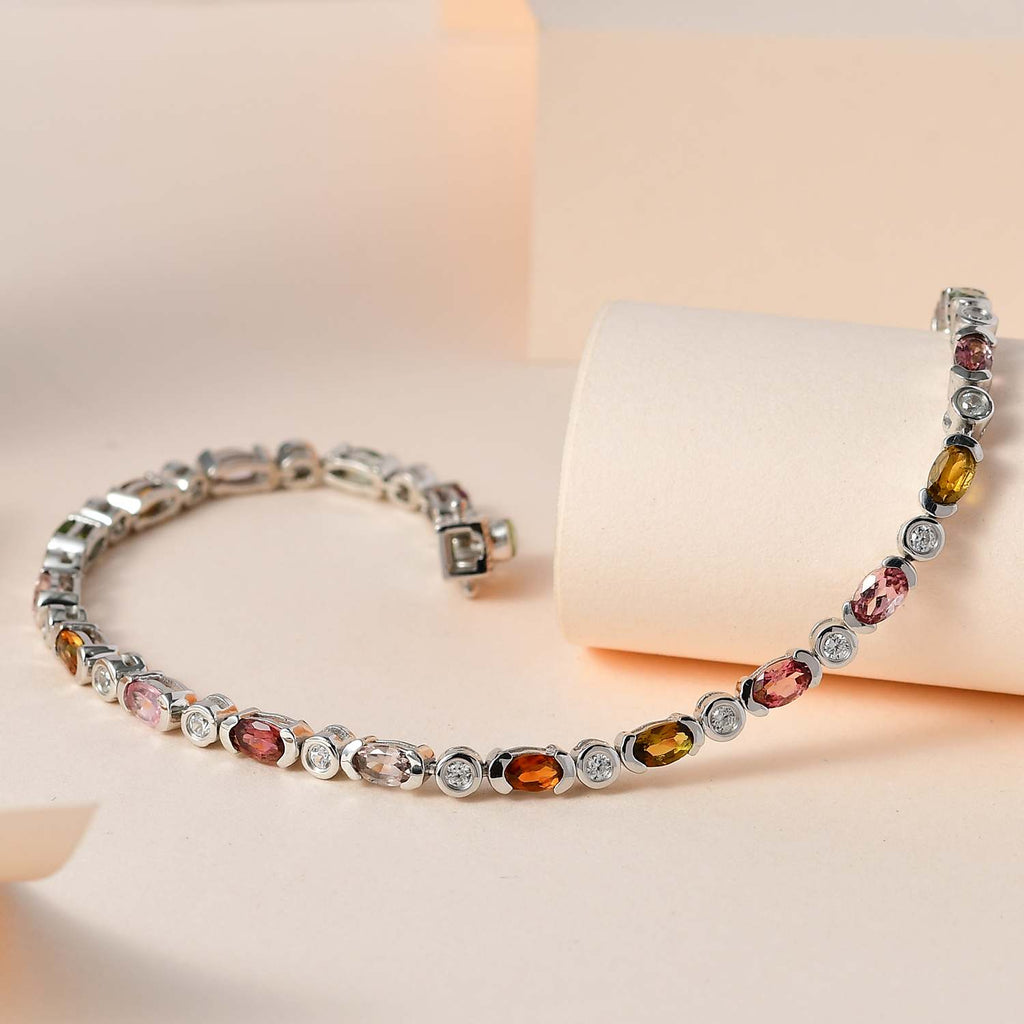 AA Mehrfach-Turmalin, Weißer Zirkon Armband ca. 20 cm 925 Silber platiniert ca. 5.59 ct