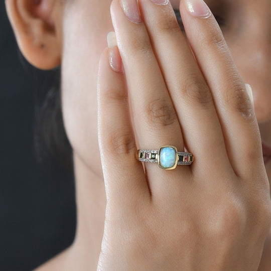 Natürlicher, äthiopischer Welo Opal, mehrfarbiger-Turmalin Ring, 925 Silber vergoldet (Größe 21.00) ca. 1.52 ct