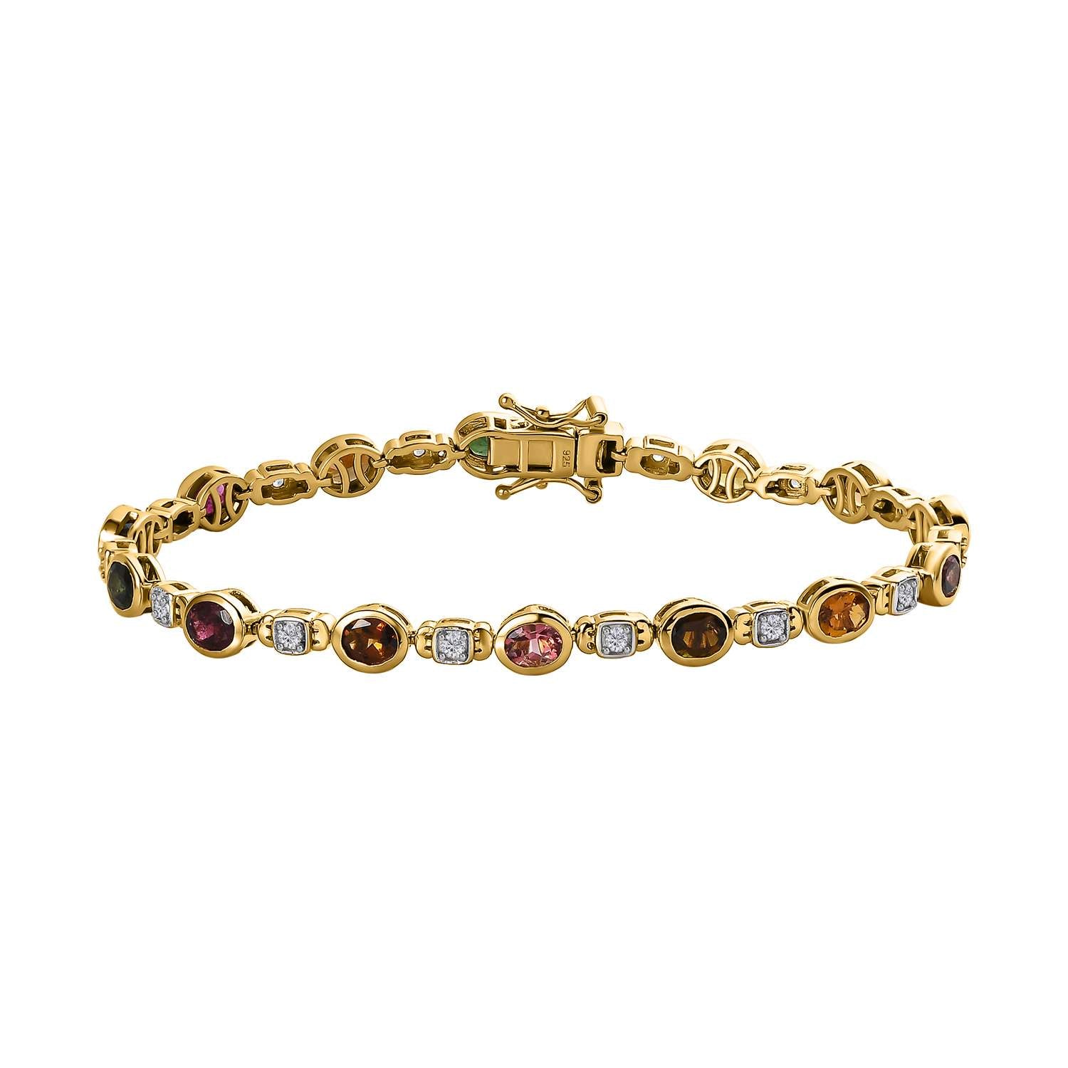 Mehrfarbiges-Turmalin, Weißer Zirkon Armband, ca. 19 cm 925 Silber vergoldet ca. 5.70 ct