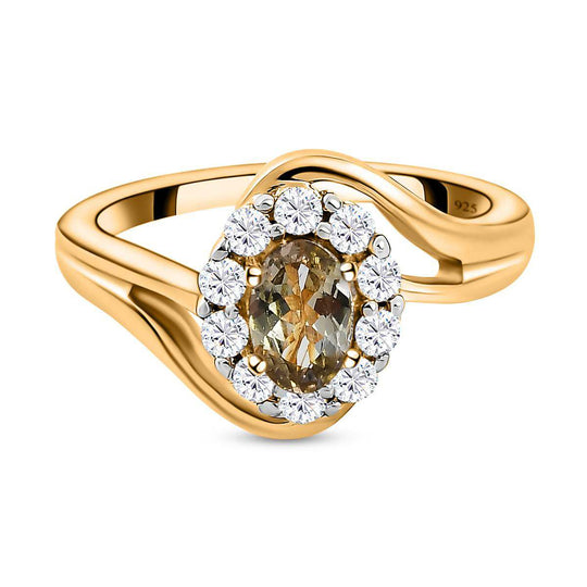 AA Natürlicher goldener Tansanit, weißer Zirkon Ring, 925 Silber Gelbgold Vermeil (Größe 20.00) ca. 0.94 ct