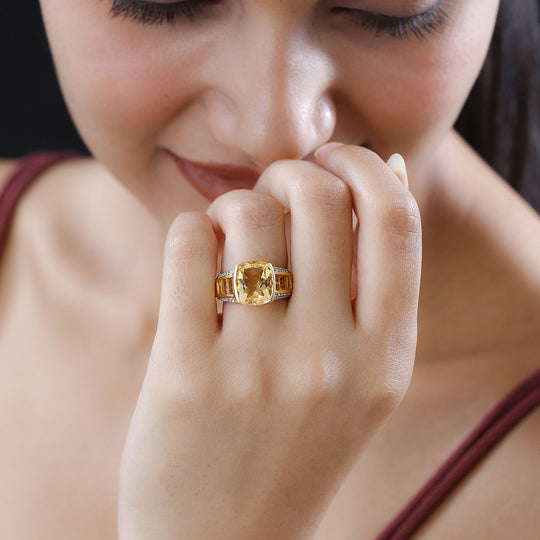 Citrin, Weißer Zirkon Ring, 925 Silber Gelbgold Vermeil, (Größe 17.00) ca. 5.99 ct