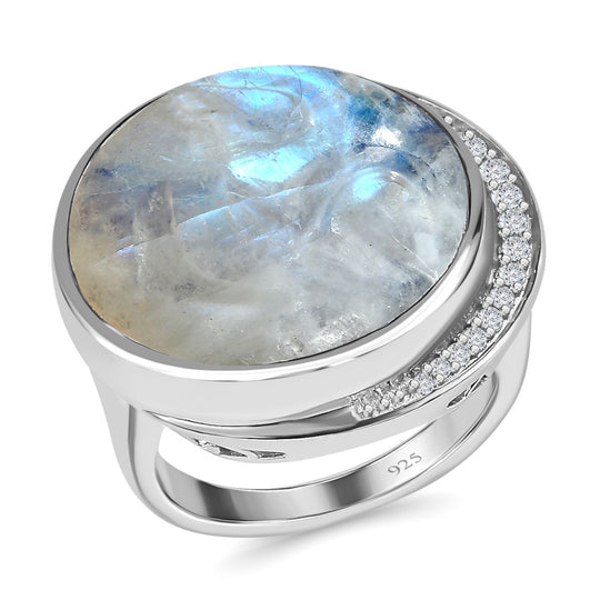 AA Premium Regenbogen Mondstein, weißer Zirkon Ring, 925 Silber platiniert (Größe 18.00) ca. 18.45 ct
