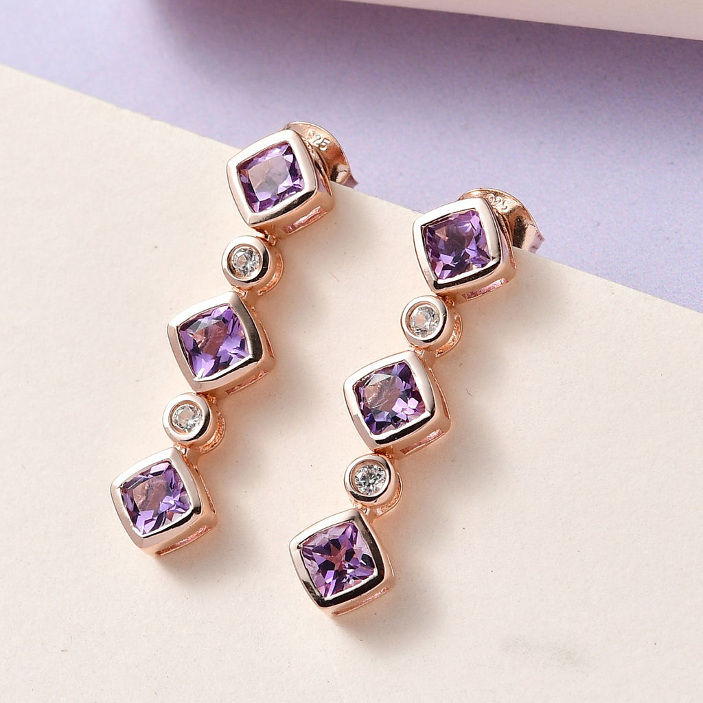 Rose De France Amethyst, weißer Zirkon Ohrringe, 925 Silber rosévergoldet ca. 2.12 ct