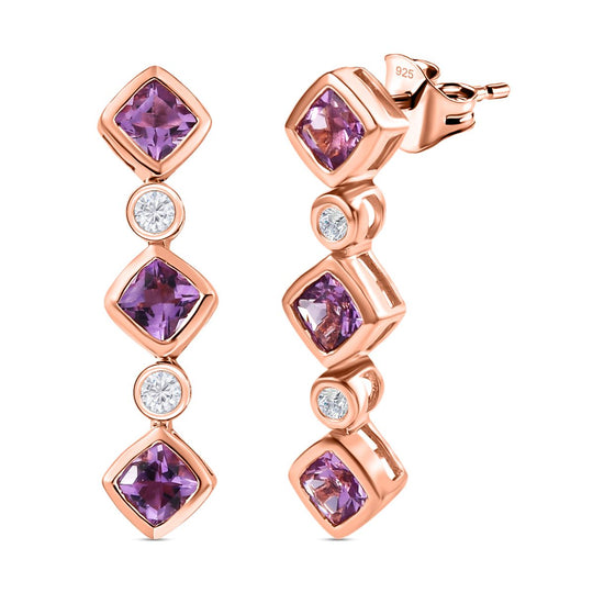 Rose De France Amethyst, weißer Zirkon Ohrringe, 925 Silber rosévergoldet ca. 2.12 ct