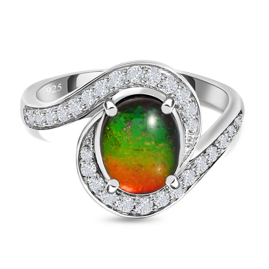 Kanadischer Ammolit, weißer Zirkon Ring, 925 Silber platiniert (Größe 21.00) ca. 2.19 ct