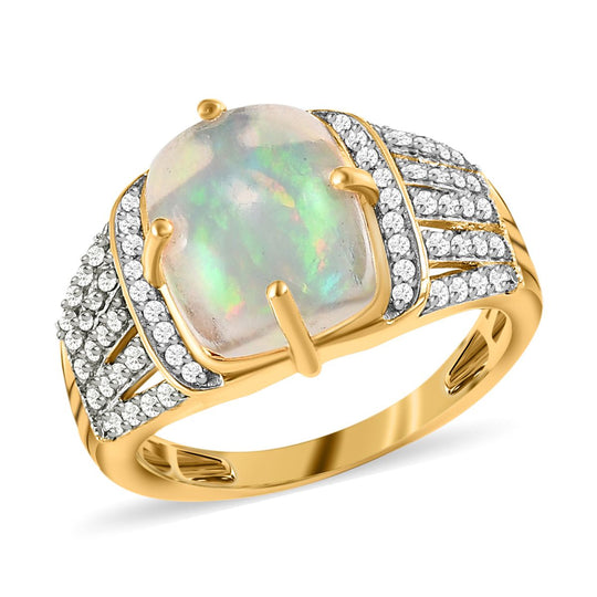 Natürlicher, äthiopischer Welo Opal, Weißer Zirkon Ring, 925 Silber Gelbgold Vermeil (Größe 19.00) ca. 3.53 ct