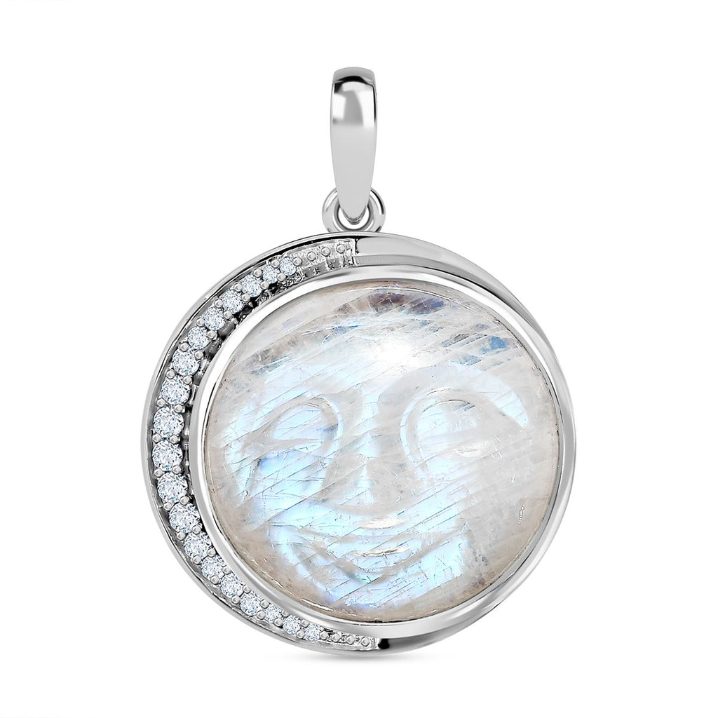 AA Premium Regenbogen Mondstein, Weißer Zirkon Anhänger 925 Silber platiniert ca. 18.29 ct