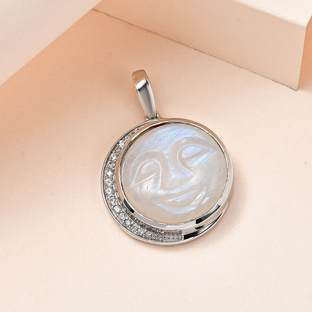 AA Premium Regenbogen Mondstein, Weißer Zirkon Anhänger 925 Silber platiniert ca. 18.29 ct