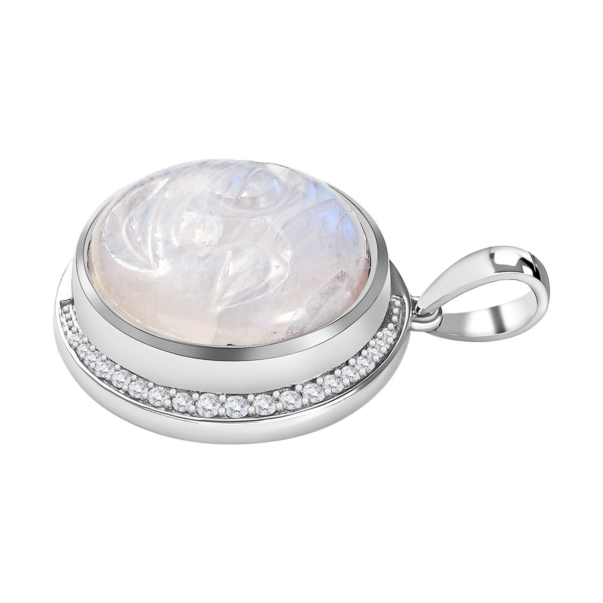 AA Premium Regenbogen Mondstein, Weißer Zirkon Anhänger 925 Silber platiniert ca. 18.29 ct