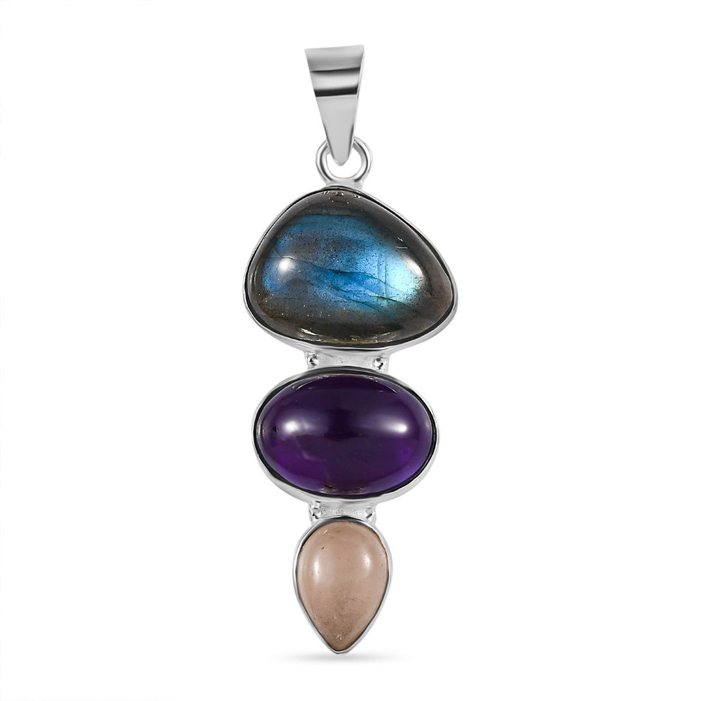 Handwerker Stil Labradorit, Afrikanischer Amethyst Anhänger 925 Silber ca. 17.72 ct