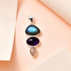 Handwerker Stil Labradorit, Afrikanischer Amethyst Anhänger 925 Silber ca. 17.72 ct