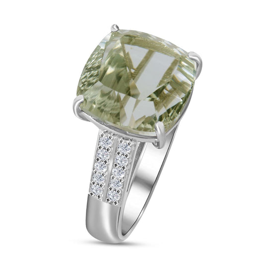 Prasiolite, Lasergeschnittener weißer Zirkon Ring, 925 Silber platiniert (Größe 20.00) ca. 8.42 ct