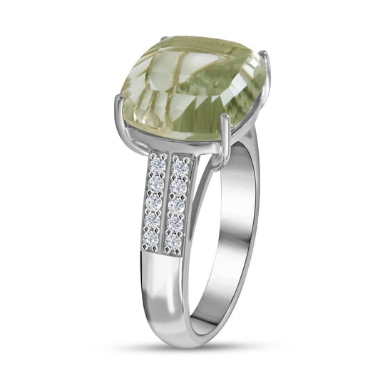 Prasiolite, Lasergeschnittener weißer Zirkon Ring, 925 Silber platiniert (Größe 20.00) ca. 8.42 ct