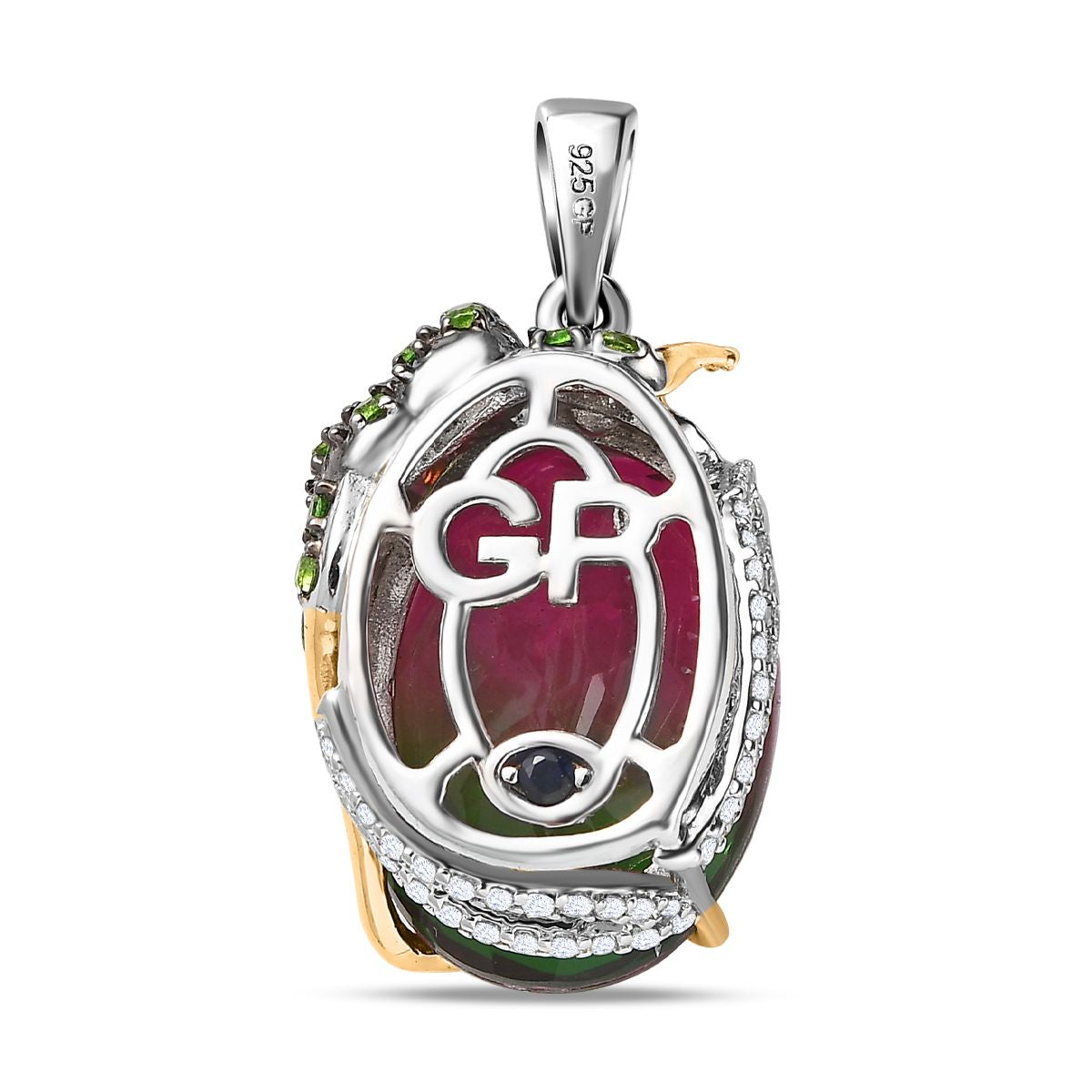 Wassermelonen-Quarz-Triplett, Roter Granat Anhänger 925 Silber Bicolor ca. 14,17 ct.
