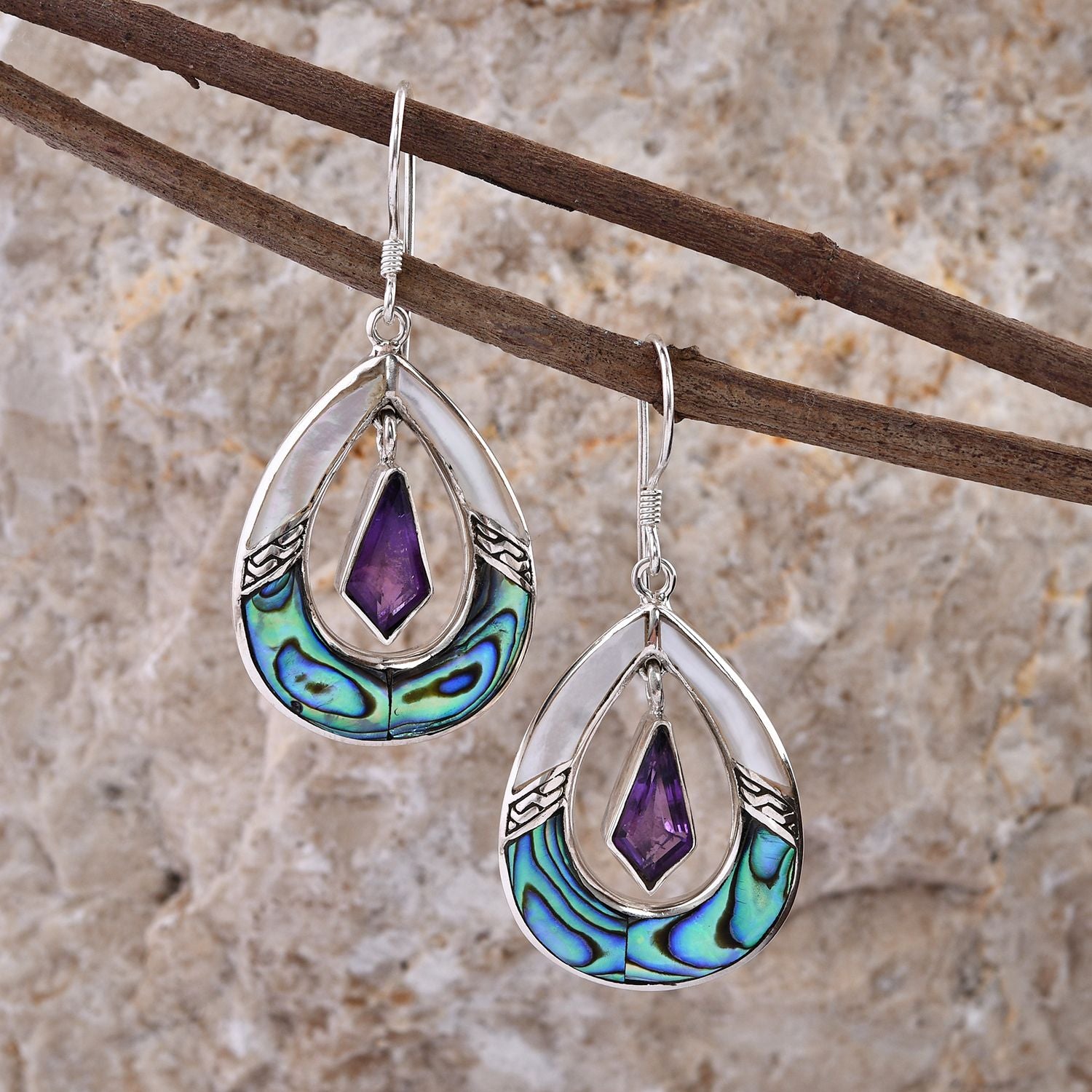 Royal Bali - Afrikanische Amethyst, Abalone Muschel Ohrringe 925 Silber