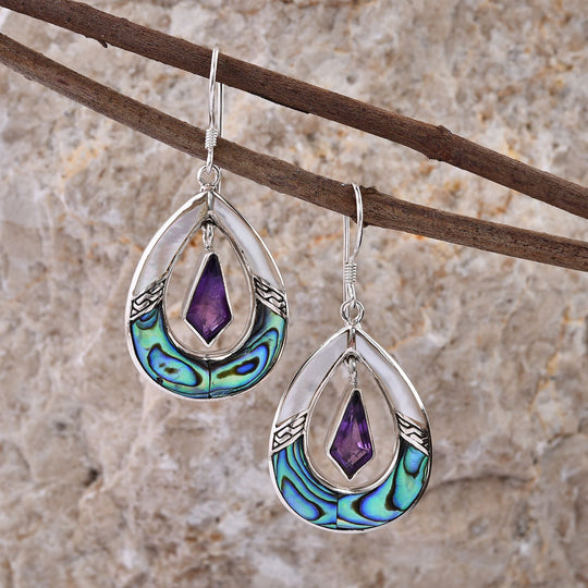 Royal Bali - Afrikanische Amethyst, Abalone Muschel Ohrringe 925 Silber