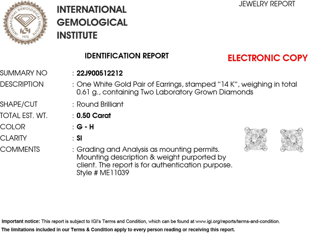 Lab-grown Diamant, IGI zertifiziert SI-GH Ohrringe, 585 Weißgold, ca. 0.50 ct
