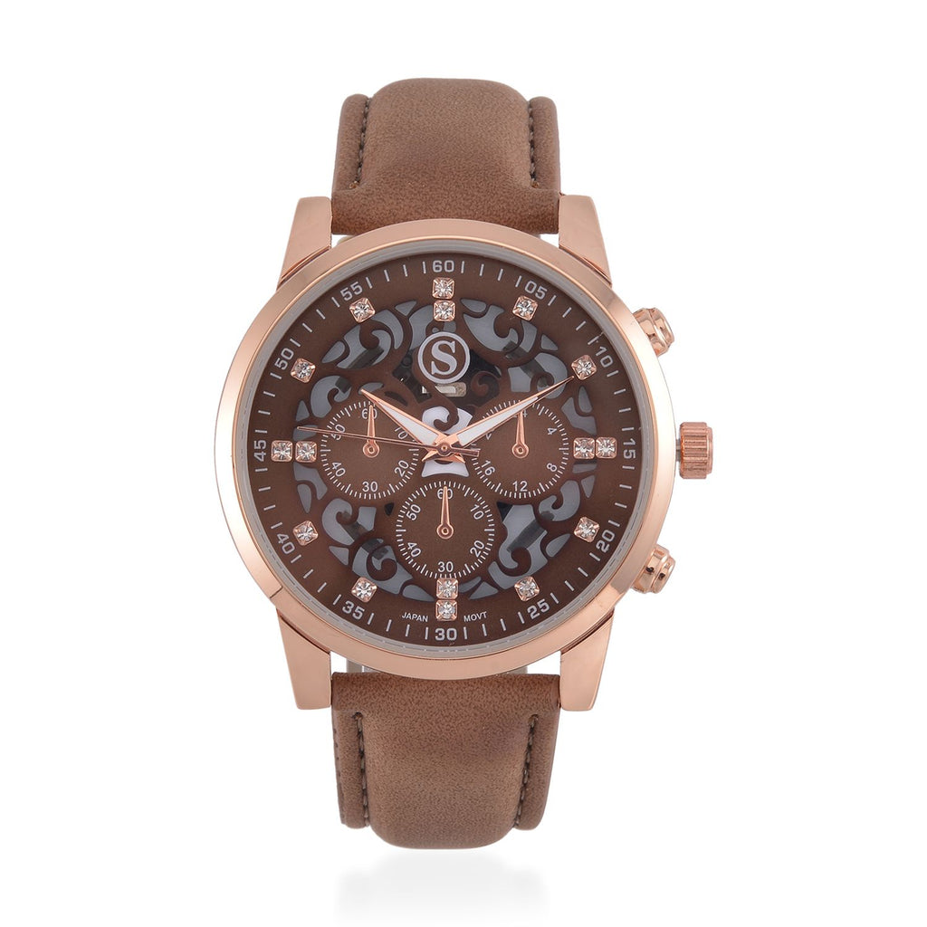 Strada Japanisches Uhrwerk - Exklusive Uhr mit braunem Hohlzifferblatt, braunem PU-Band und Edelstahl-Schnalle, Weißer Kristall Uhr, 23cm, rose