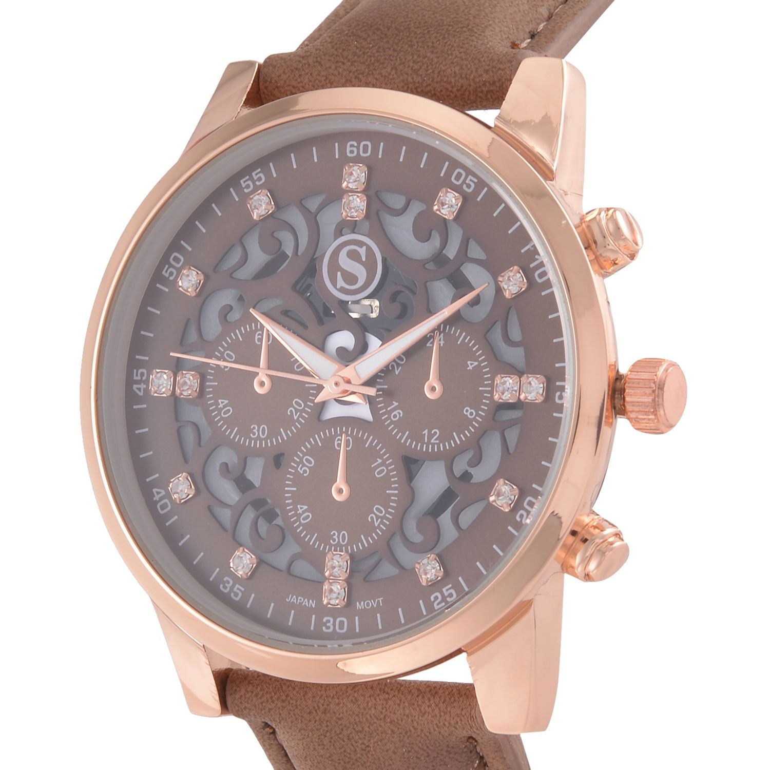 Strada Japanisches Uhrwerk - Exklusive Uhr mit braunem Hohlzifferblatt, braunem PU-Band und Edelstahl-Schnalle, Weißer Kristall Uhr, 23cm, rose