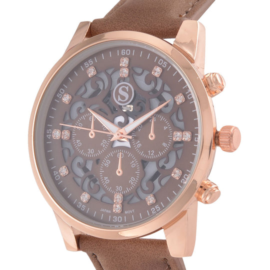 Strada Japanisches Uhrwerk - Exklusive Uhr mit braunem Hohlzifferblatt, braunem PU-Band und Edelstahl-Schnalle, Weißer Kristall Uhr, 23cm, rose