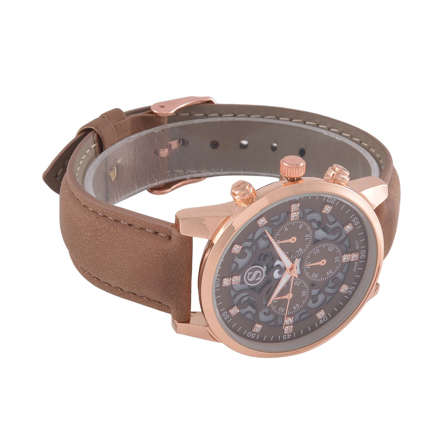 Strada Japanisches Uhrwerk - Exklusive Uhr mit braunem Hohlzifferblatt, braunem PU-Band und Edelstahl-Schnalle, Weißer Kristall Uhr, 23cm, rose