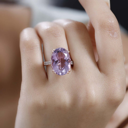 Rose De France Amethyst, weißer Zirkon Ring, 925 Silber rosévergoldet (Größe 19.00) ca. 12.13 ct