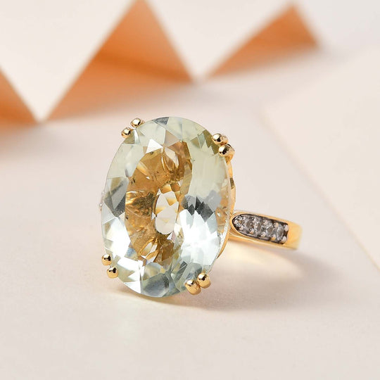 Prasiolite, weißer Zirkon Ring, 925 Silber vergoldet (Größe 17.00) ca. 12.44 ct