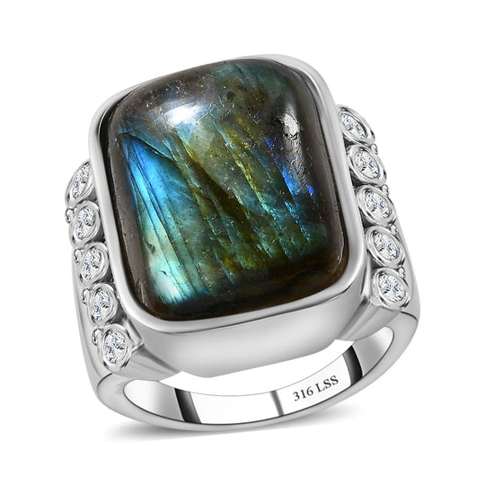 Labradorit, Weißer Zirkon Ring, Edelstahl ca. 14.70 ct