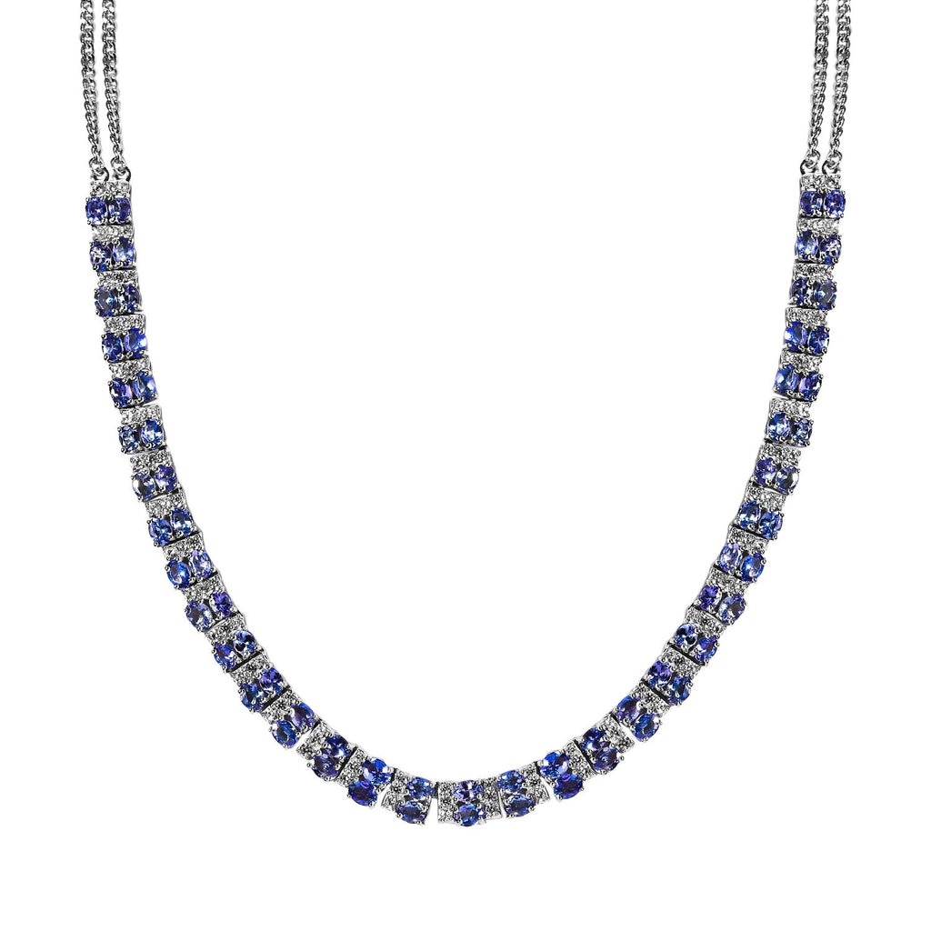 Tansanit, weißer Zirkon Halskette, ca. 45 cm 925 Silber platiniert ca. 13.18 ct