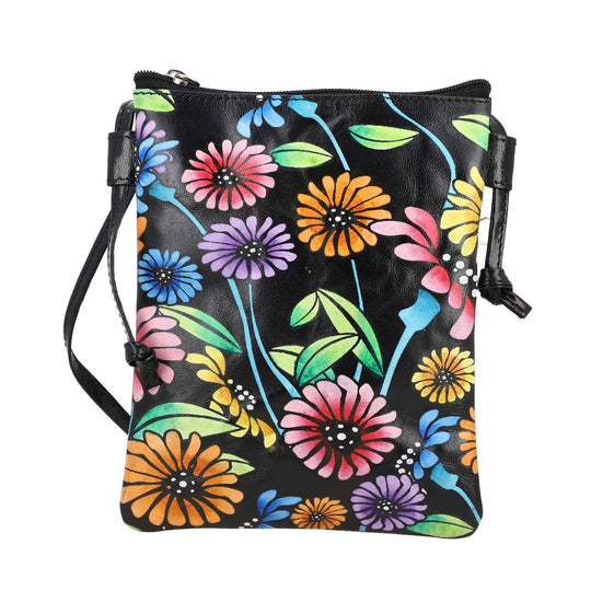 VIVID by SUKRITI Handbemalte Echtleder Umhängetasche,  schwarz,15.75x19.80cm, Blumenmuster