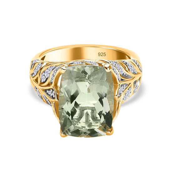 Prasiolith, Weißer Zirkon Ring, 925 Silber vergoldet (Größe 18.00) ca. 6.52 ct