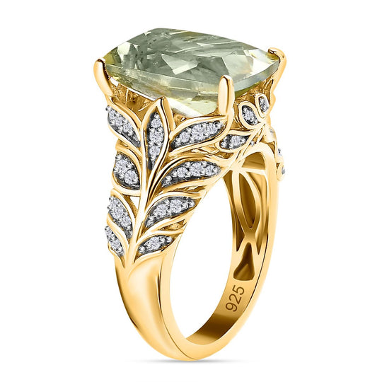 Prasiolith, Weißer Zirkon Ring, 925 Silber vergoldet (Größe 18.00) ca. 6.52 ct
