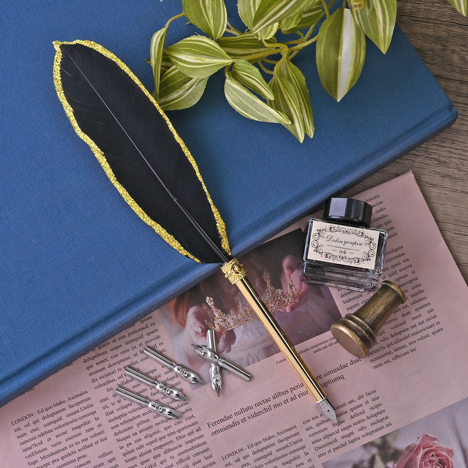 Vintage-Federstift Geschenkbox, Gold und Schwarz