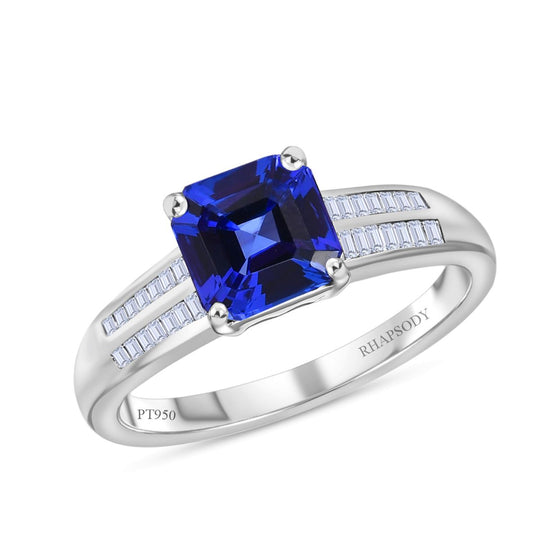 RHAPSODY Asscher Schliff AAAA Tansanit, weißer Diamant Ring, VS2 E-F, 950 Platin (Größe 20.00) ca. 1.99 ct