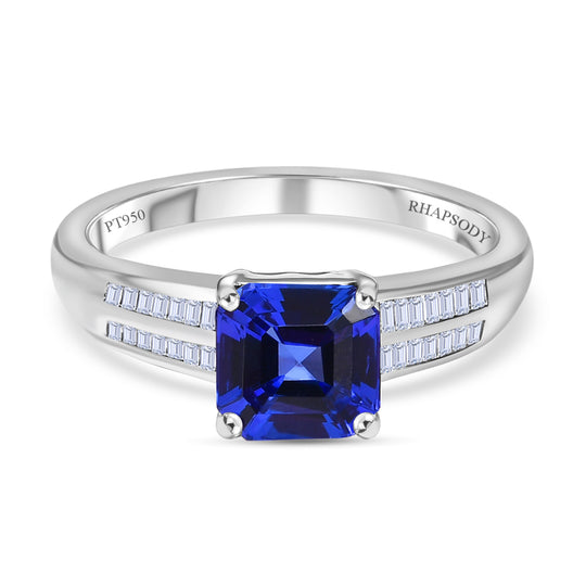 RHAPSODY Asscher Schliff AAAA Tansanit, weißer Diamant Ring, VS2 E-F, 950 Platin (Größe 20.00) ca. 1.99 ct