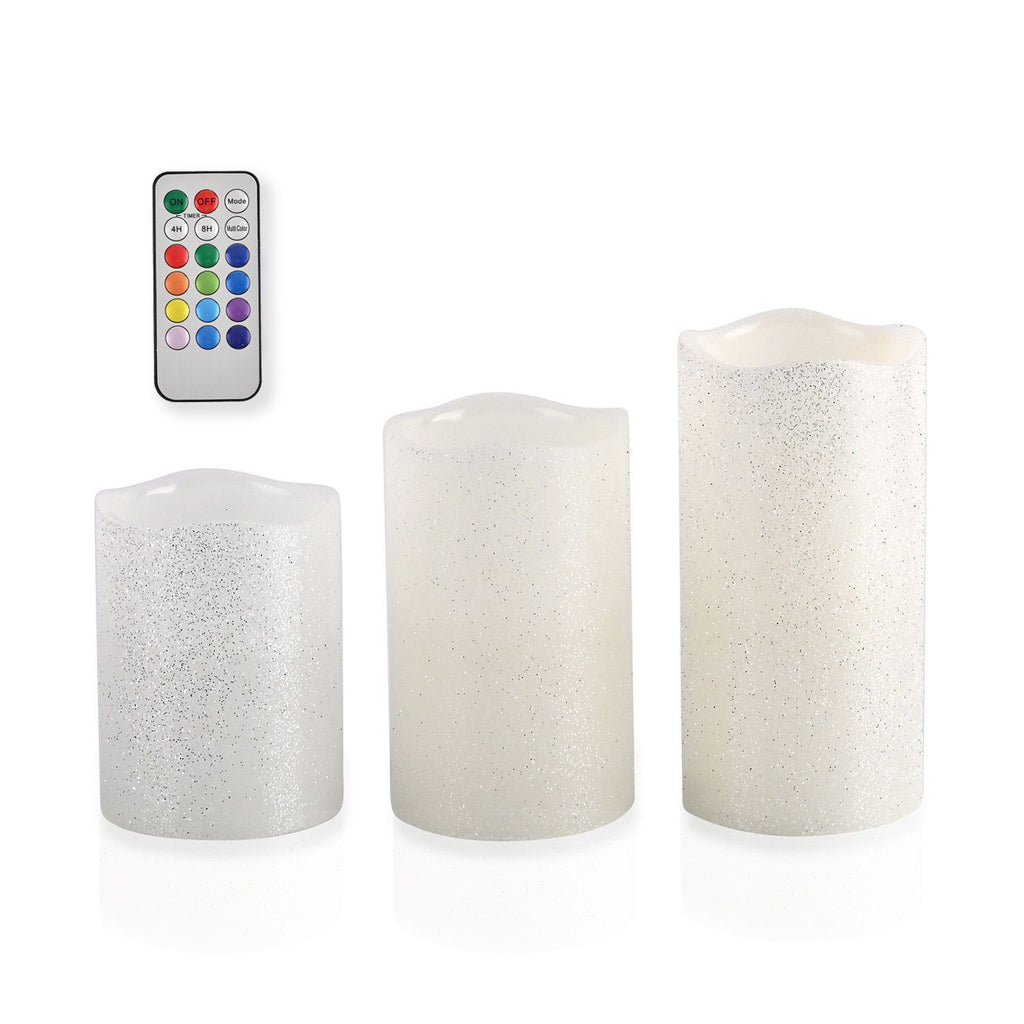 Echtwachs Kerzen mit Glitter und LED in 3er Set, Fernbedienung, Timer, Multi-Modis, 7,5 - 10 - 12,5 cm hoch, 550g