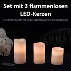 Echtwachs Kerzen mit Glitter und LED in 3er Set, Fernbedienung, Timer, Multi-Modis, 7,5 - 10 - 12,5 cm hoch, 550g