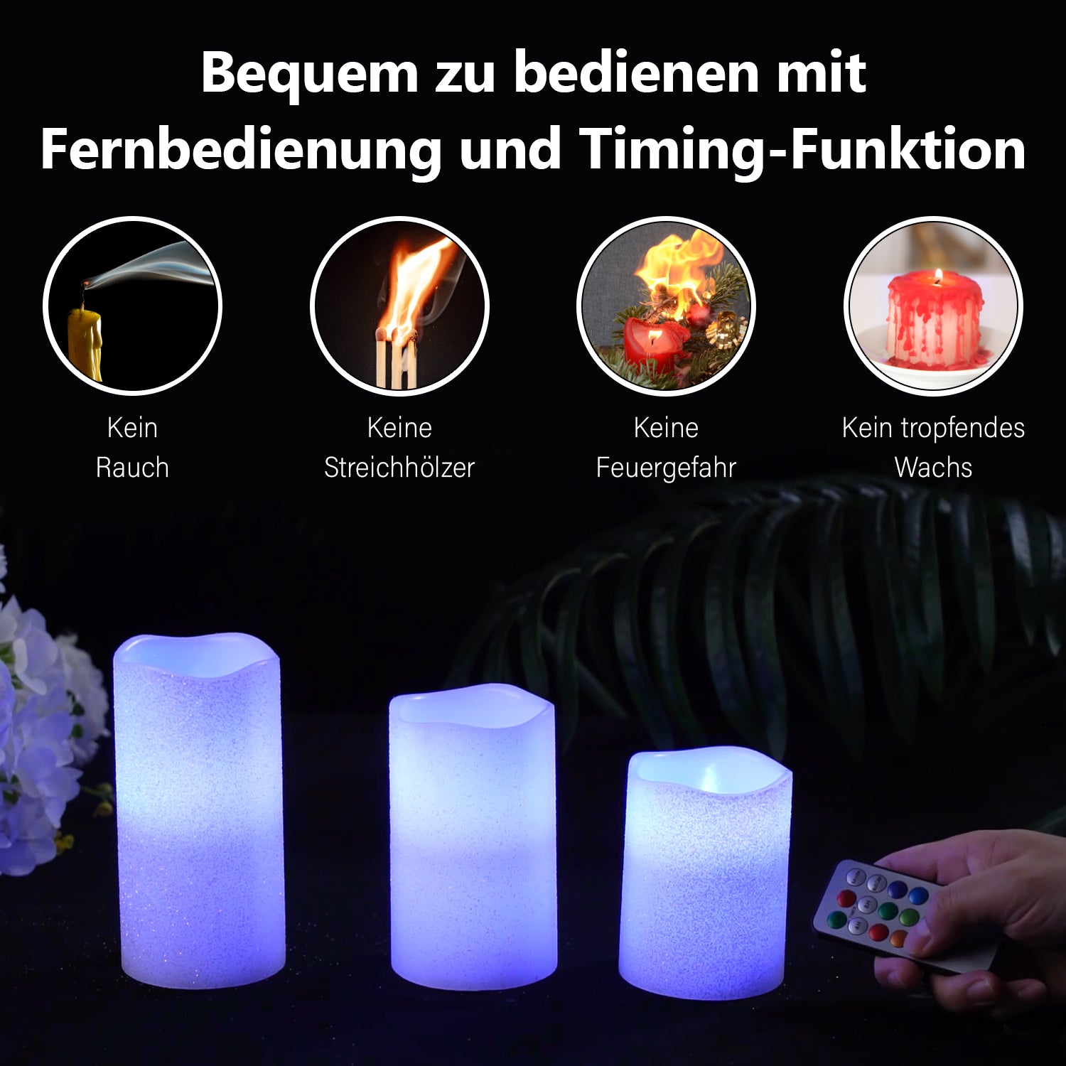 Echtwachs Kerzen mit Glitter und LED in 3er Set, Fernbedienung, Timer, Multi-Modis, 7,5 - 10 - 12,5 cm hoch, 550g