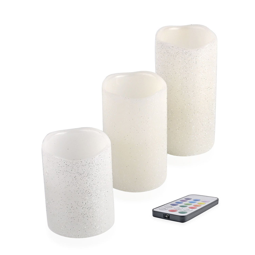 Echtwachs Kerzen mit Glitter und LED in 3er Set, Fernbedienung, Timer, Multi-Modis, 7,5 - 10 - 12,5 cm hoch, 550g