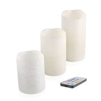 Echtwachs Kerzen mit Glitter und LED in 3er Set, Fernbedienung, Timer, Multi-Modis, 7,5 - 10 - 12,5 cm hoch, 550g