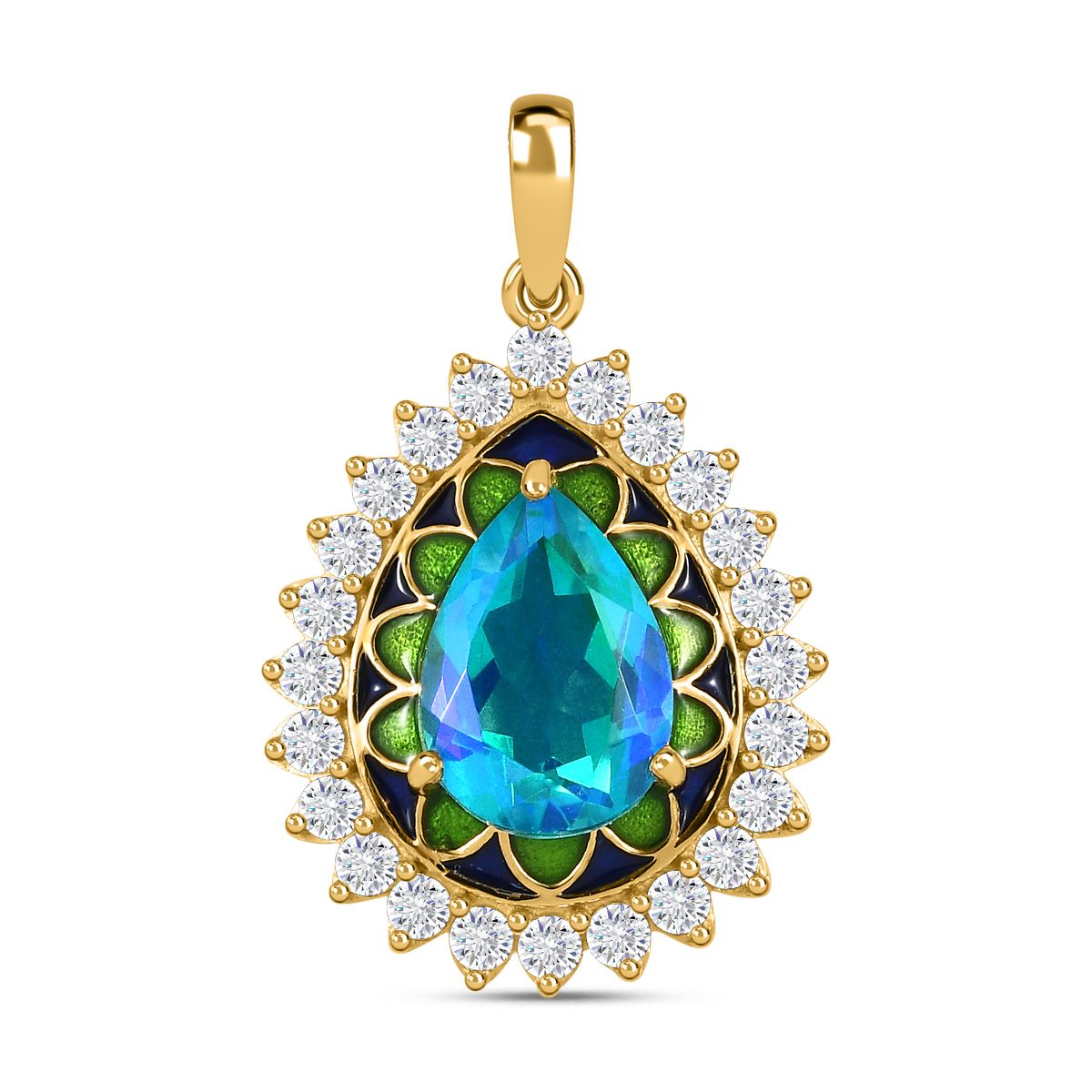 Paraiba Pfau Triplet Quarz, weißer Zirkon Anhänger, 925 Silber vergoldet ca. 8.12 ct